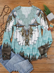 Boho Blouse Geo & Feather Print V Neck Top