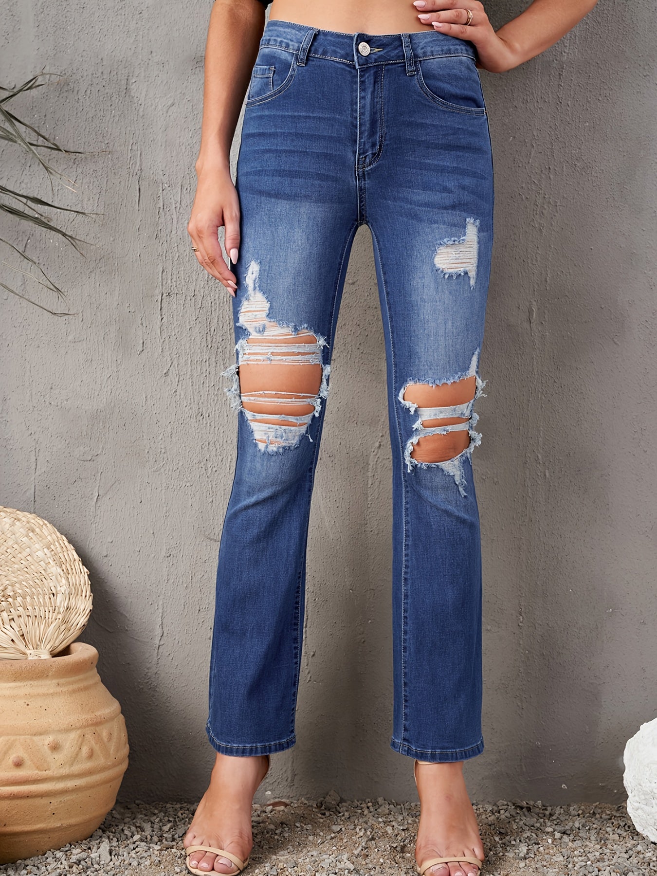 Distressed Bell Bottom Jeans Slash Pocket Wash Bootcut Denim Pants