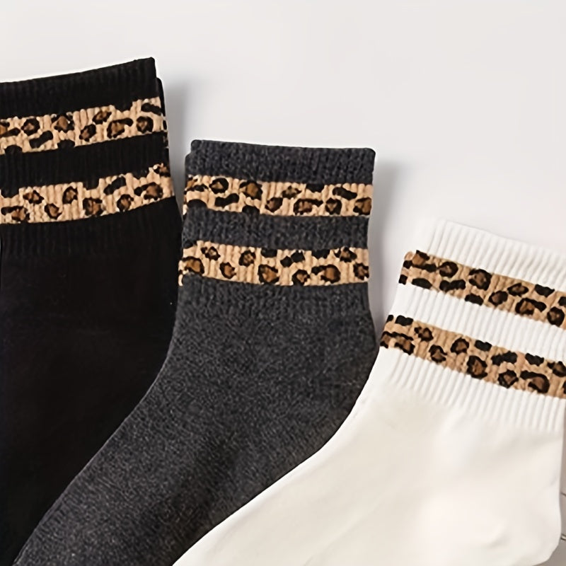 6 Pairs Leopard Stitching Socks Comfy Breathable Mid Tube Women's Stockings