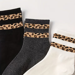 6 Pairs Leopard Stitching Socks Comfy Breathable Mid Tube Women's Stockings