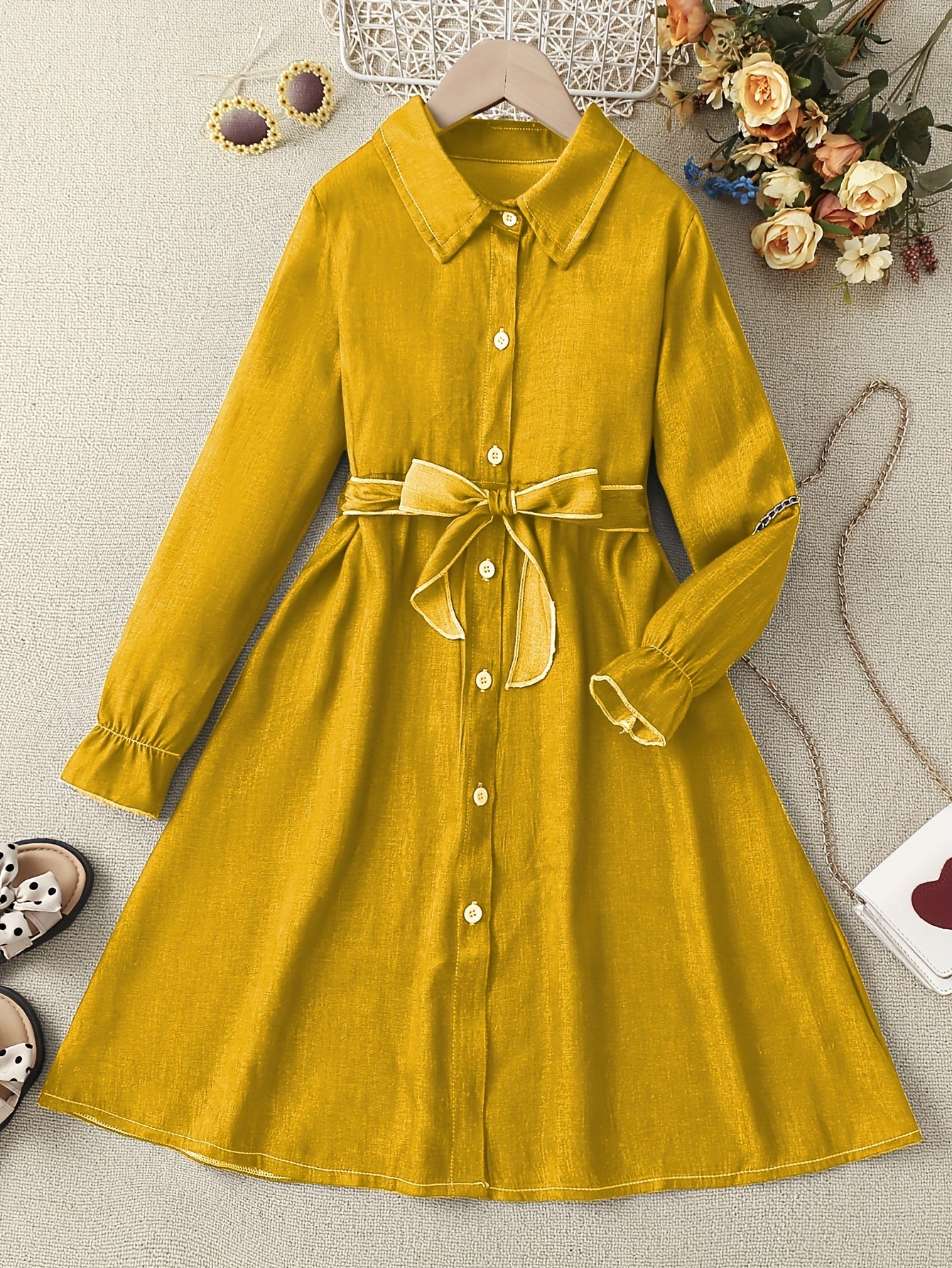 Girls' Faux Denim Long Sleeve Dress With Belt Comfy Long Dresses