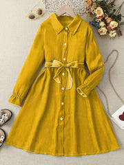 Girls' Faux Denim Long Sleeve Dress With Belt Comfy Long Dresses