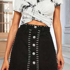 Rivet Decor Denim Skirt High Waist Casual Denim Skirt Women's Clothing