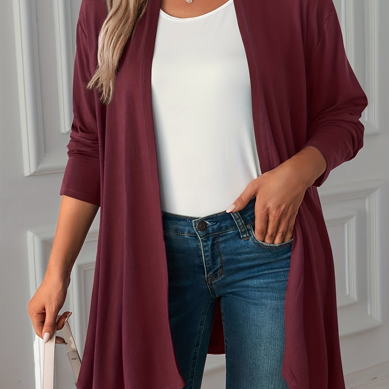 Casual Cardigan Women's Plus Solid Long Sleeve Open Front