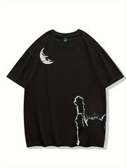 Cat And Moon Graphic Short Sleeve Top Printed T shirt Women's Activewear