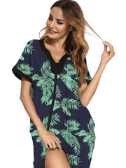 Tropical Print Short Sleeve V Neck Dress