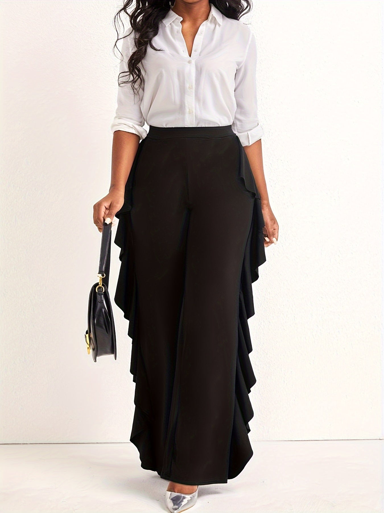 Ruffle Trim Wide Leg Trousers