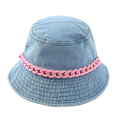 Y2K Denim Bucket Hat Washed Packable Basin Hat Chain Decor Casual Sunscreen
