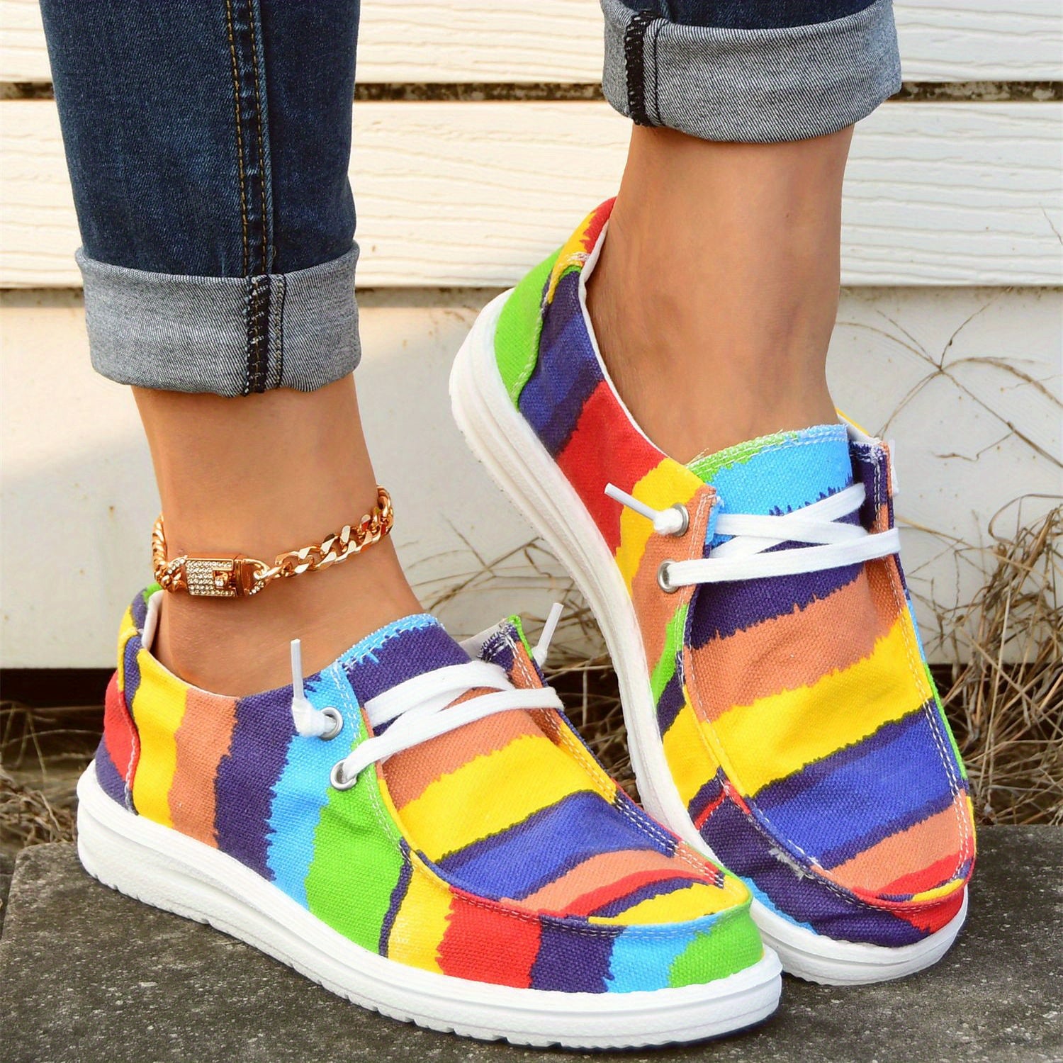 Rainbow Striped Boat Shoes Lace Up Platform Skate Shoes