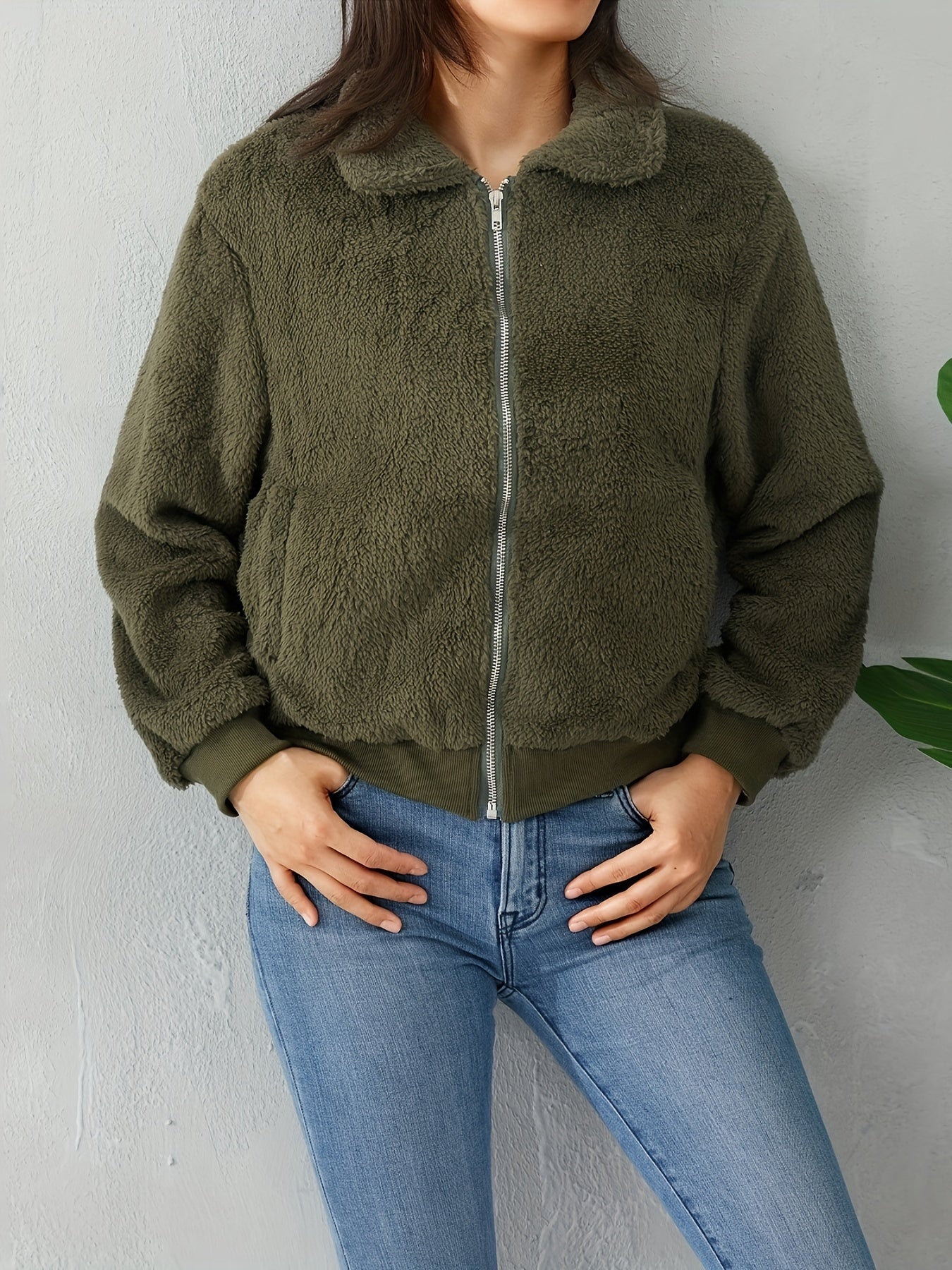 Zip Up Teddy Jacket Solid Casual Long Sleeve Collared Outerwear