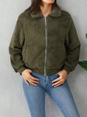 Zip Up Teddy Jacket Solid Casual Long Sleeve Collared Outerwear