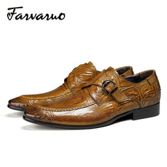 FARWARWO Crocodile Print Monk Strap Dress Shoes Pointed Toe Formal Office