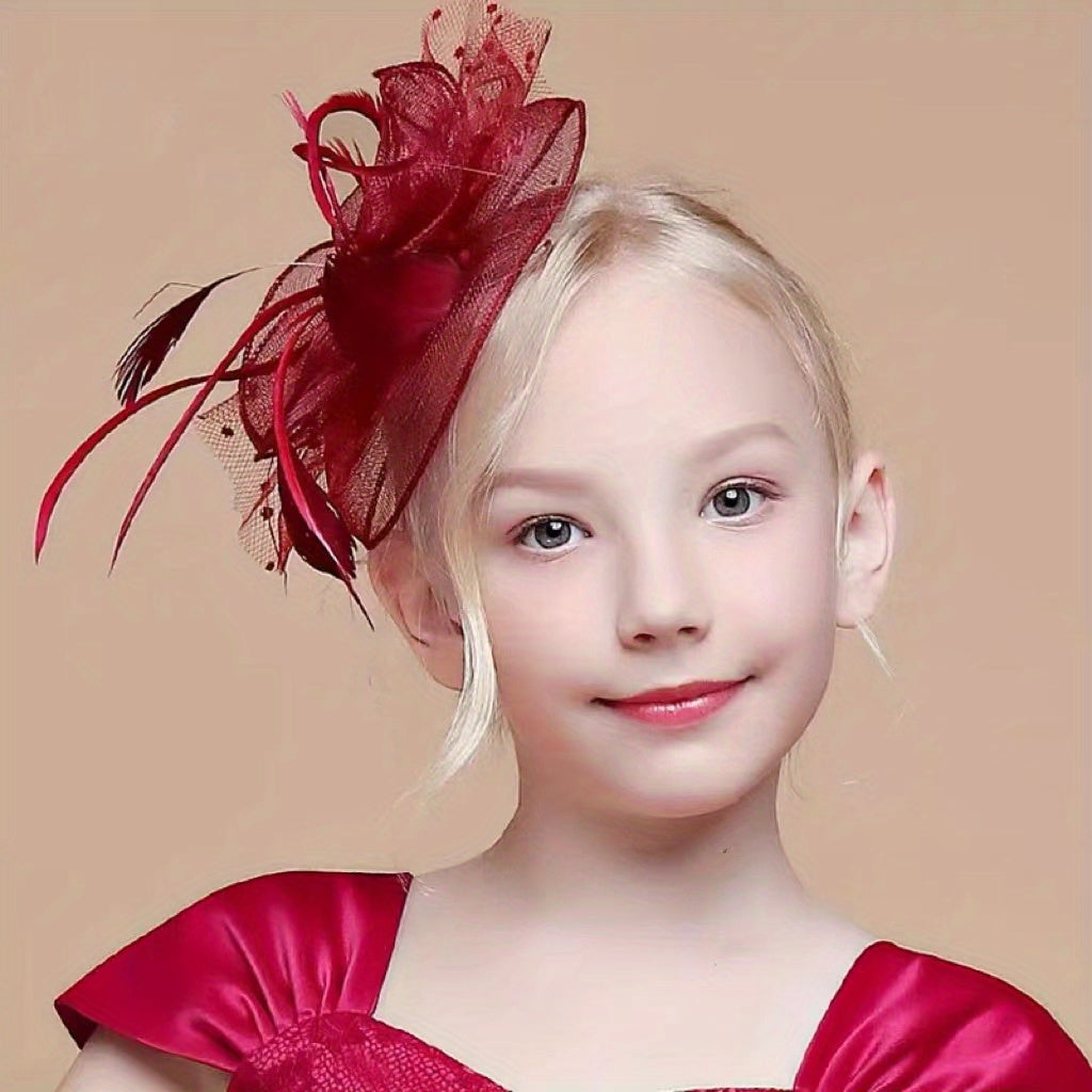 Mesh Bowler Hat with Feather Bow for Girls Party