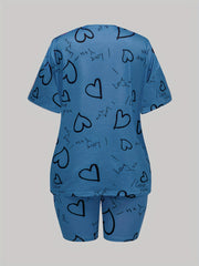 Heart & Letter Print Pajama Set Tee & Shorts 2 Piece Set