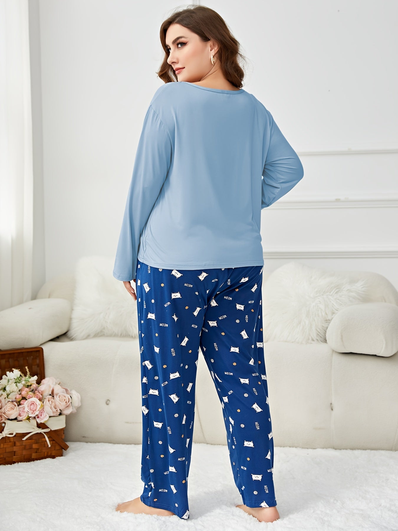 Cat Print Pajama Set Long Sleeve Top & Pants