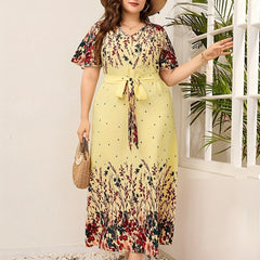 Floral Print V Neck Maxi Dress With Belt