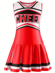 2pcs Girls Splicing CHEER Print Top Pleated Skirt Set