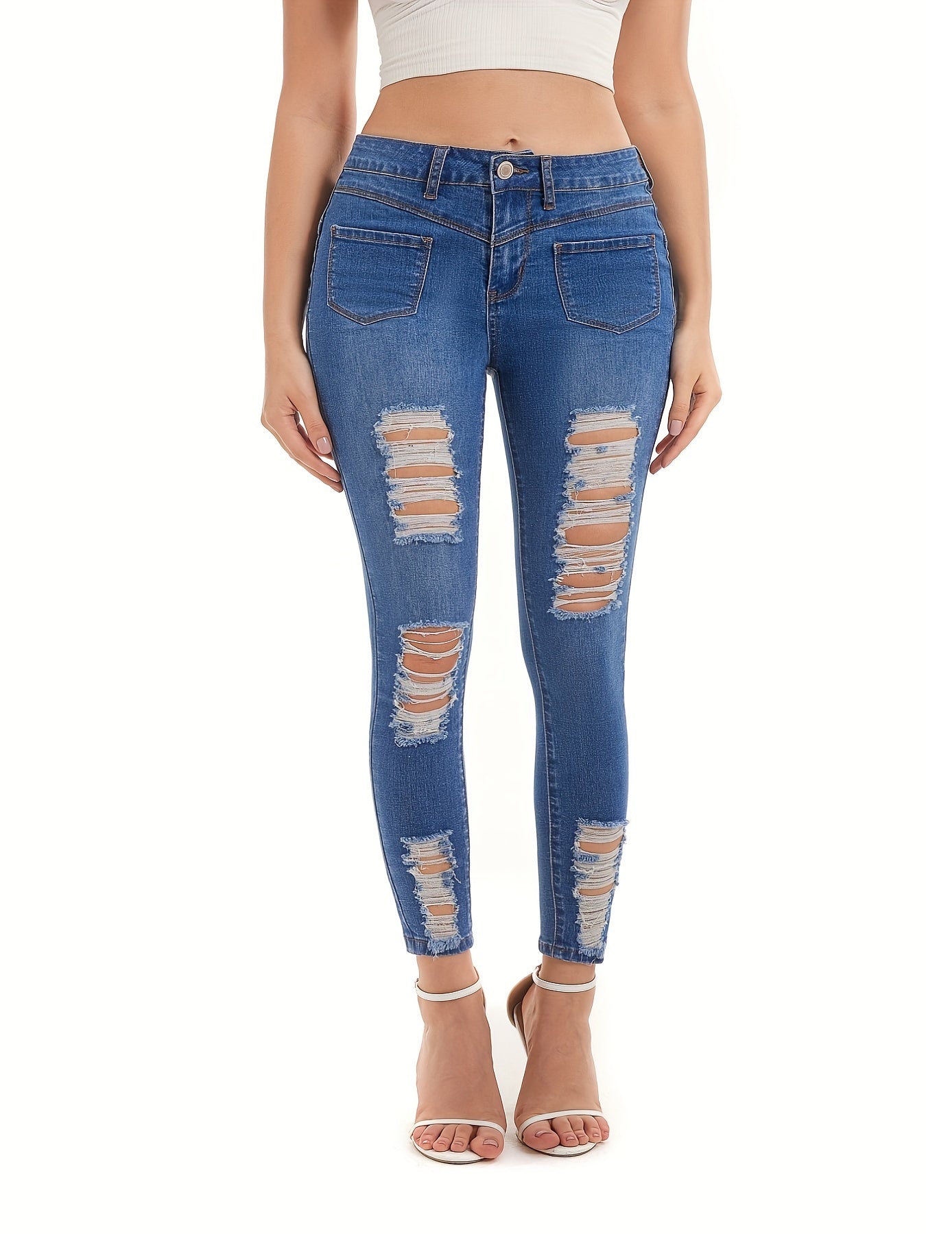 Ripped Button Fly Slim Fit Denim Pants