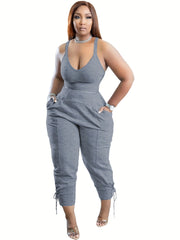 Solid Two-piece Set Cross Crop Tank Top & High Waist Pants