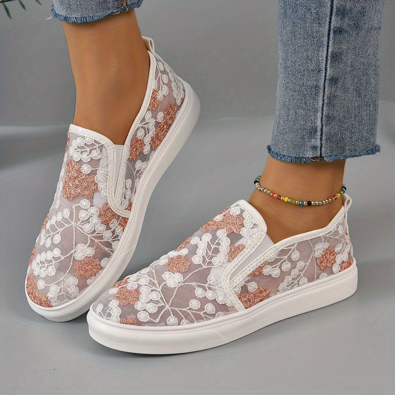 Women's Floral Embroidered Slip On Mesh Sneakers