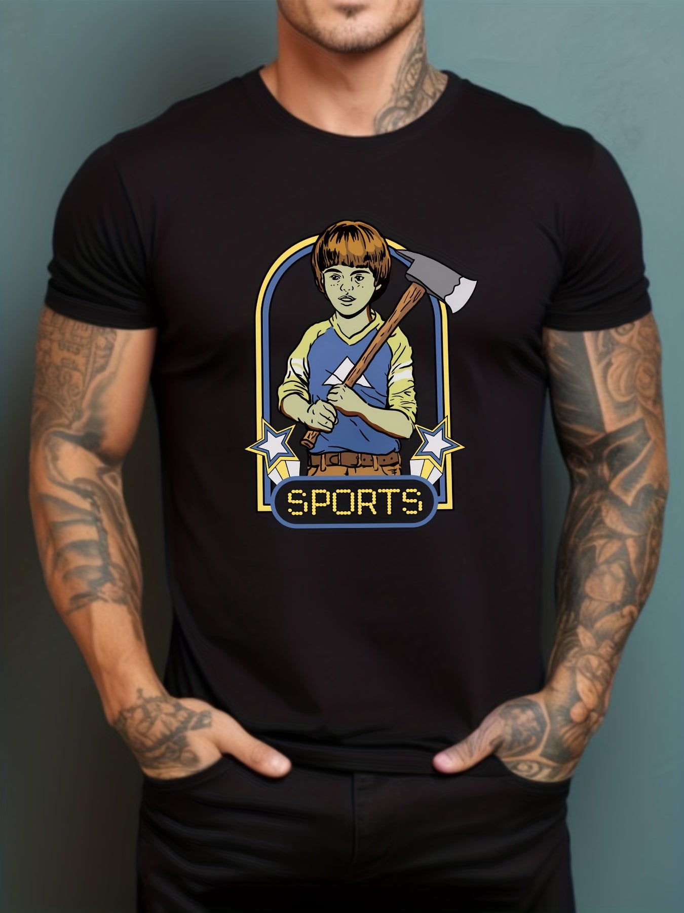 Men's Printed Leisure Sports T shirt Round Neck Tee Shirt for Summer