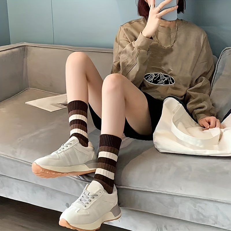 5 Pairs Block Stripe Print Socks Comfy & Breathable Women's Stockings & Hosiery