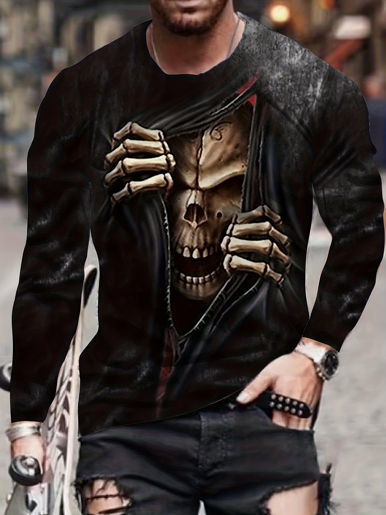 Skull 3D Print Men's Long Sleeve Graphic T-shirt for Autumn