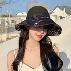 Heart Print Bowknot Sun Hat Hollow Out UV Protection Bucket Hat