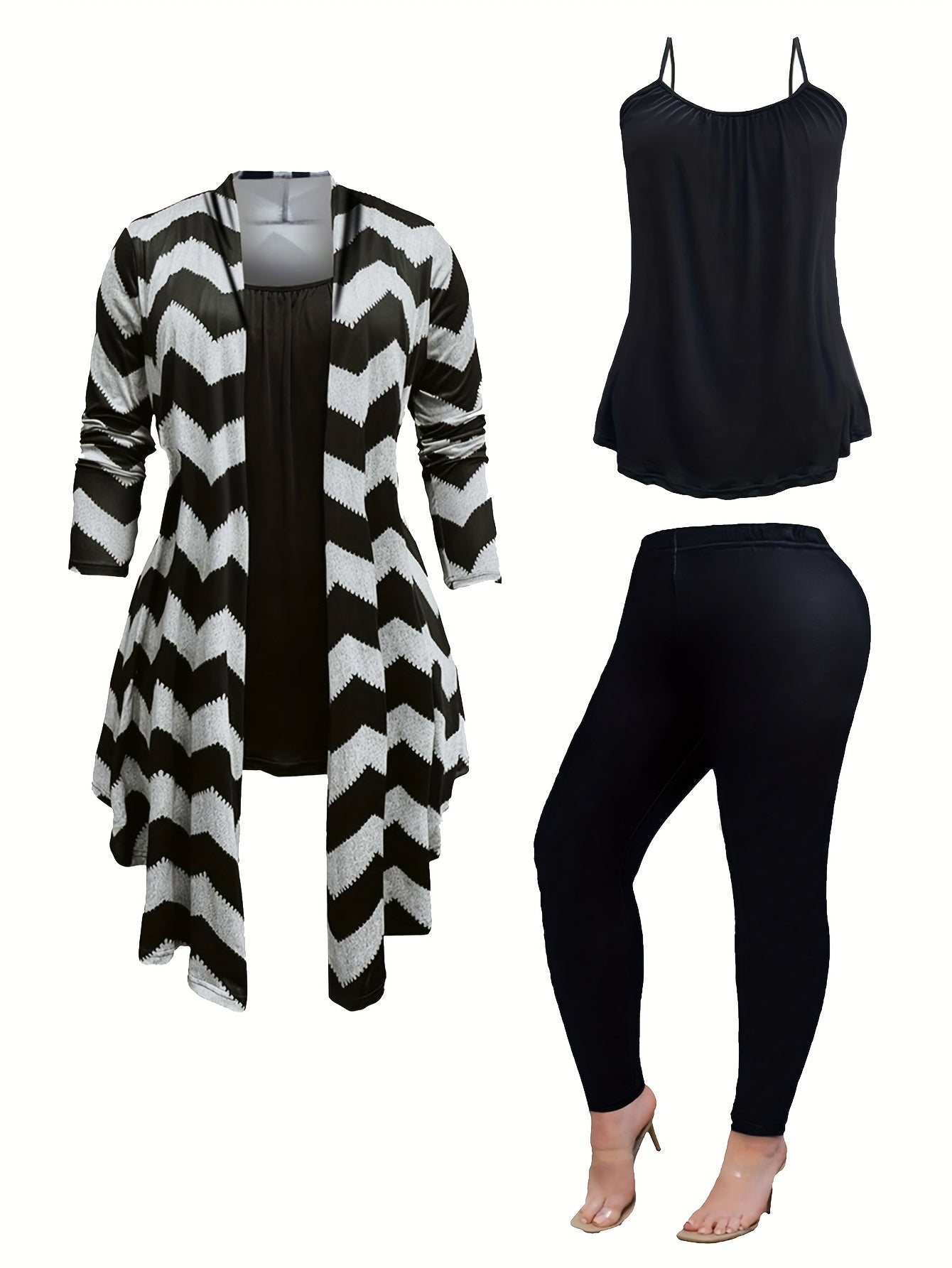 Women's Plus Wave Trim Long Sleeve Coat & Top & Leggings Set