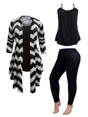 Women's Plus Wave Trim Long Sleeve Coat & Top & Leggings Set