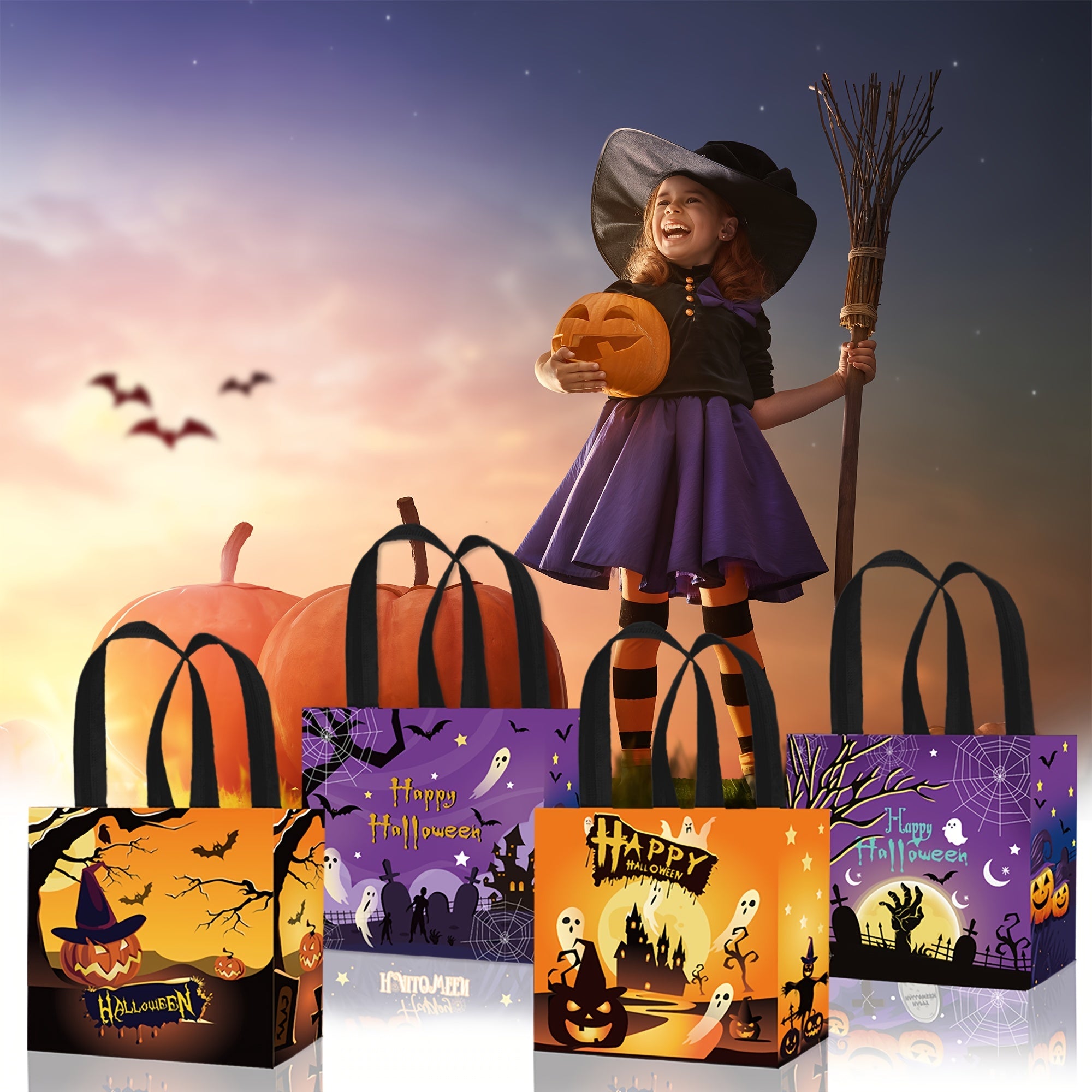 2pcs Halloween Non-Woven Tote Bags - Pumpkin Skull Tomb Bags