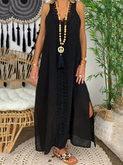 Boho Lace Sleeveless Maxi Dress V Neck Loose Solid