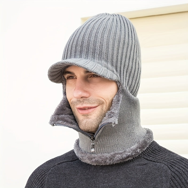 Winter Knitted Hat with Zipper Mask Velvet Thick Hat Scarf