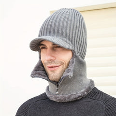 Winter Knitted Hat with Zipper Mask Velvet Thick Hat Scarf