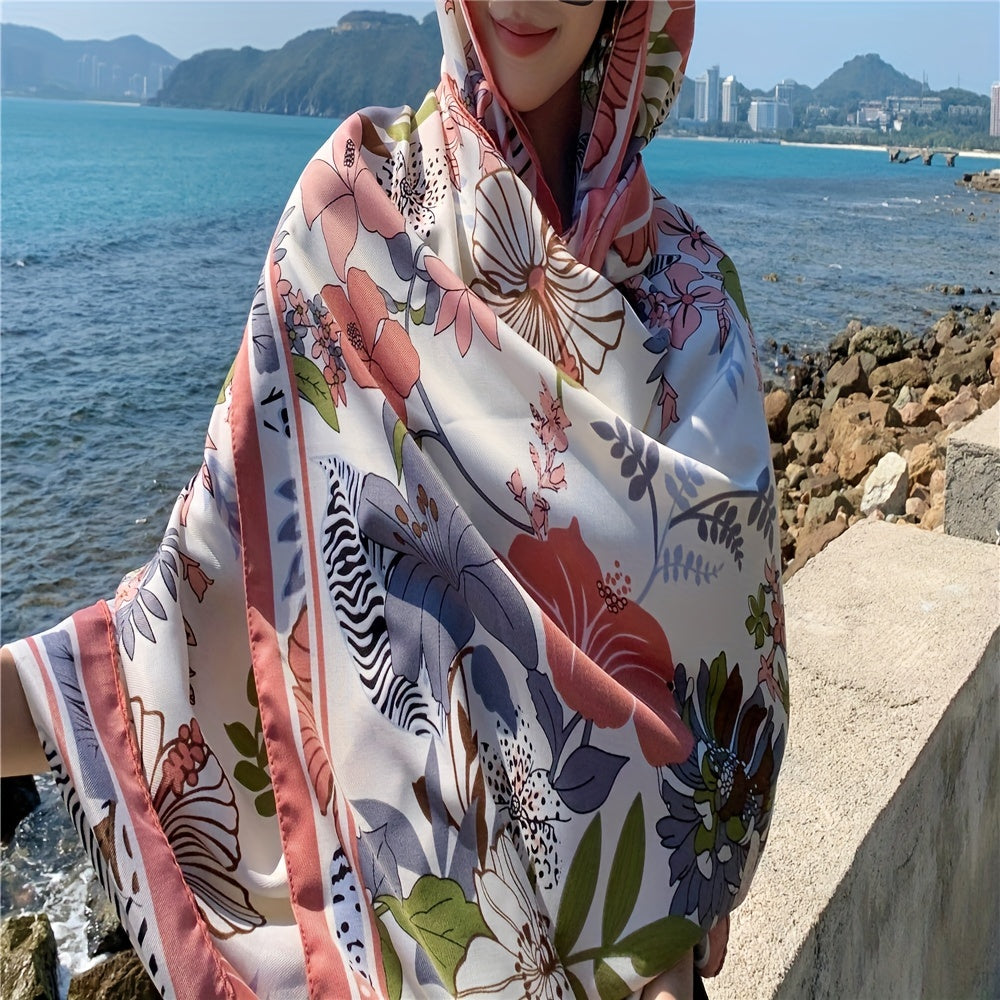 Pink Flower Print Scarf Oversized Windproof Shawl Sunscreen Head Wrap