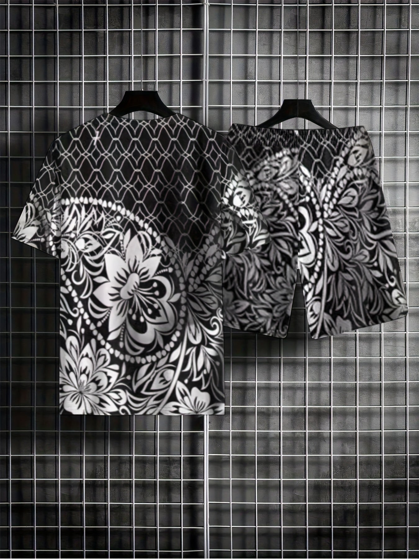 Men's 2 Piece Outfits Flower Print Ethnic Style T-shirt and Shorts Set