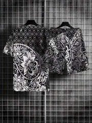 Men's 2 Piece Outfits Flower Print Ethnic Style T-shirt and Shorts Set