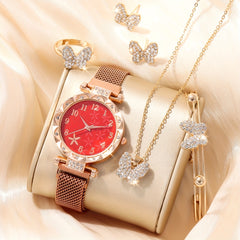 Quartz Watch with Rhinestone Studs & Butterfly Jewelry Set