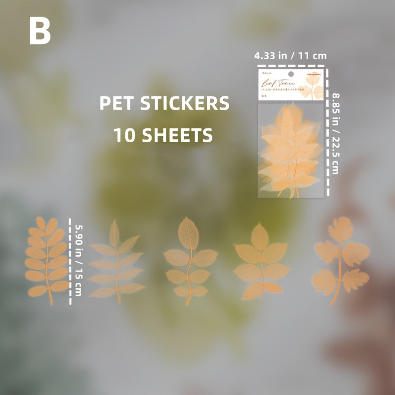 10pcs Leaf Series PET Stickers Fresh Crystal Ink Large Size Plant Material