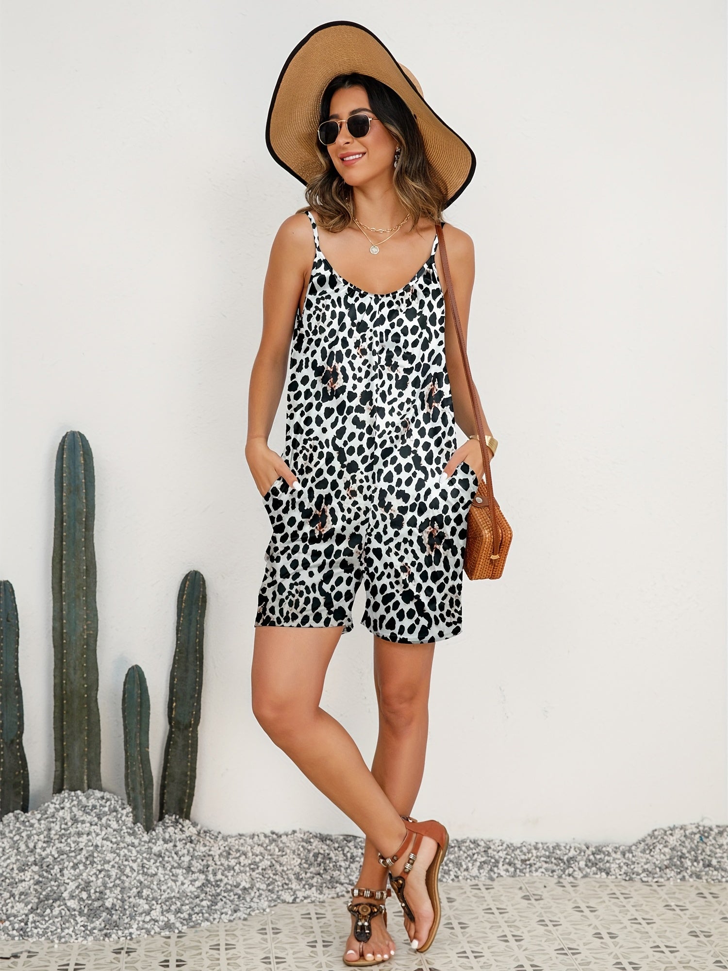 Dalmatian Print Strap Romper Jumpsuit Sleeveless Dual Pockets Women's Clothing