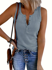 Ribbed Button Tank Top Sleeveless V Neck Casual Top