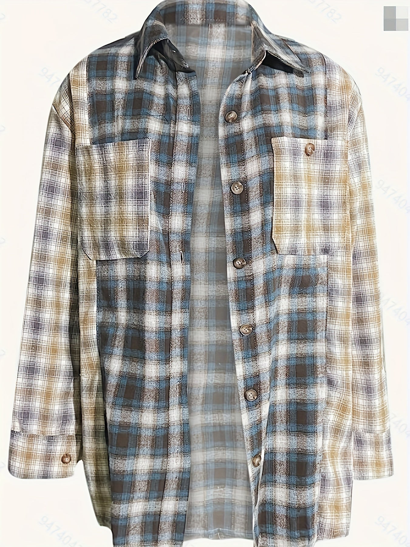 Plaid Print Sports Shirt Long Sleeves Loose Button Pocket Tops