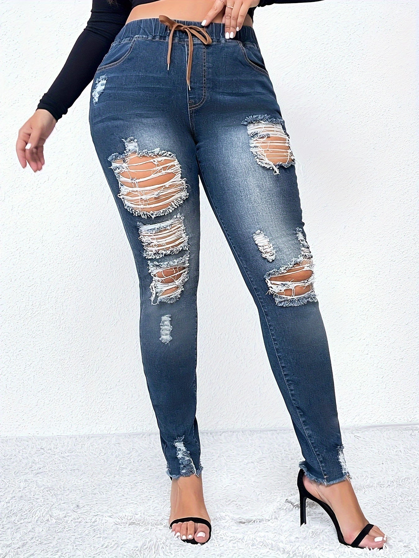 Casual Skinny Jeans Women's Ripped High Rise Stretch Jeans