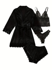 Lace Lounge Set Robe & Cami & Panties & Shorts