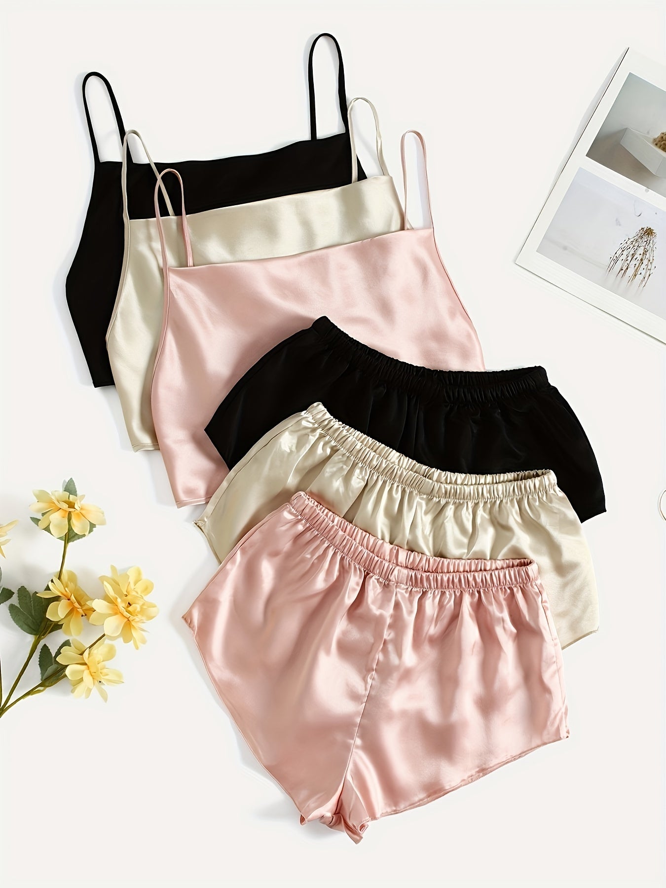 Satin Pajama Set V Neck Cami Top & Shorts Women's Sleepwear