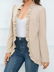 Casual Cardigan Women's Plus Solid Long Sleeve Open Front Ruffle Trim