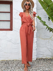 Ruffle Trim Tie Waist Jumpsuit Solid V neck Straight Leg Jumpsuit