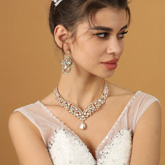 3pcs Bridal Crown Necklace Earrings Set Rhinestone Crystal Queen Crown Jewelry