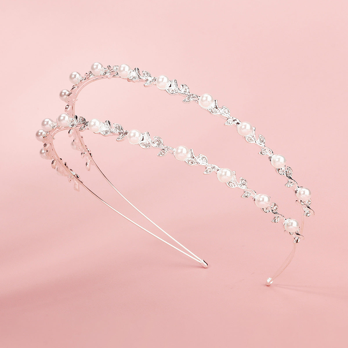 Double Layer Faux Pearls Crown Headband With Rhinestones