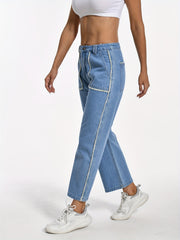Stripes Trim Loose Jeans Straight Denim Pants Women's Clothing